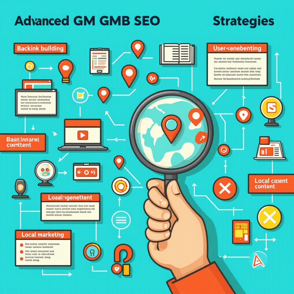 Infographic showing backlink building, user content, and local marketing strategies boosting GMB SEO rankings