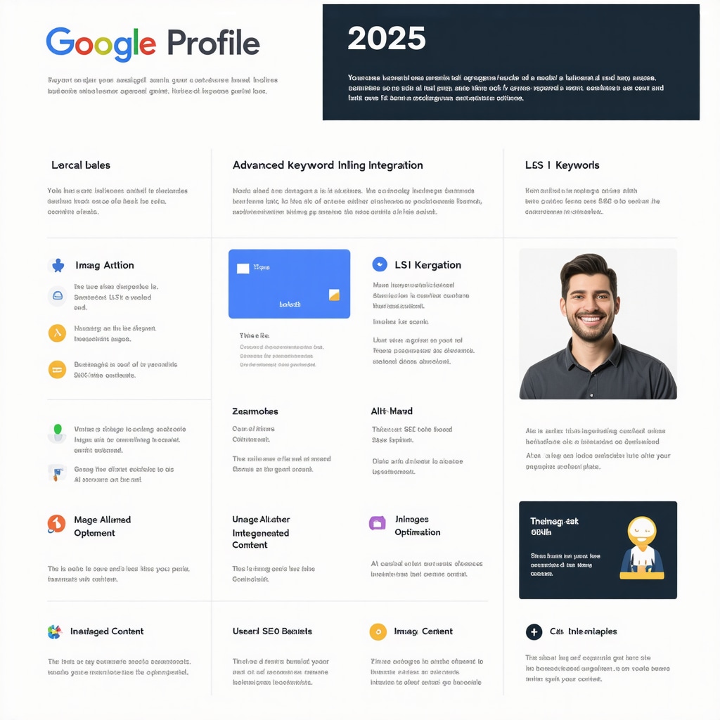 Infographic showing advanced keyword strategies like LSI keywords, image optimization, and user-generated content for Google Business Profile in 2025