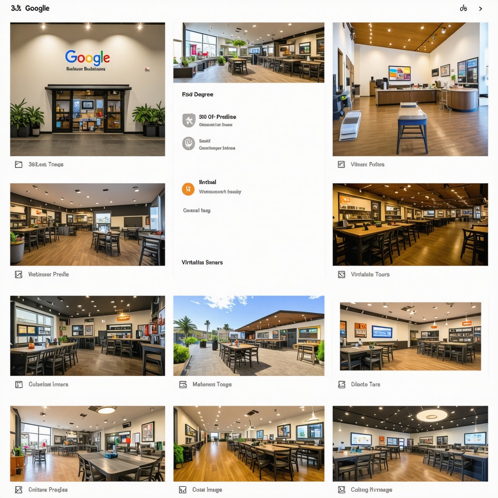 Collage of Google Business profile photos including professional images, 360-degree views, and user-generated content with metadata tags