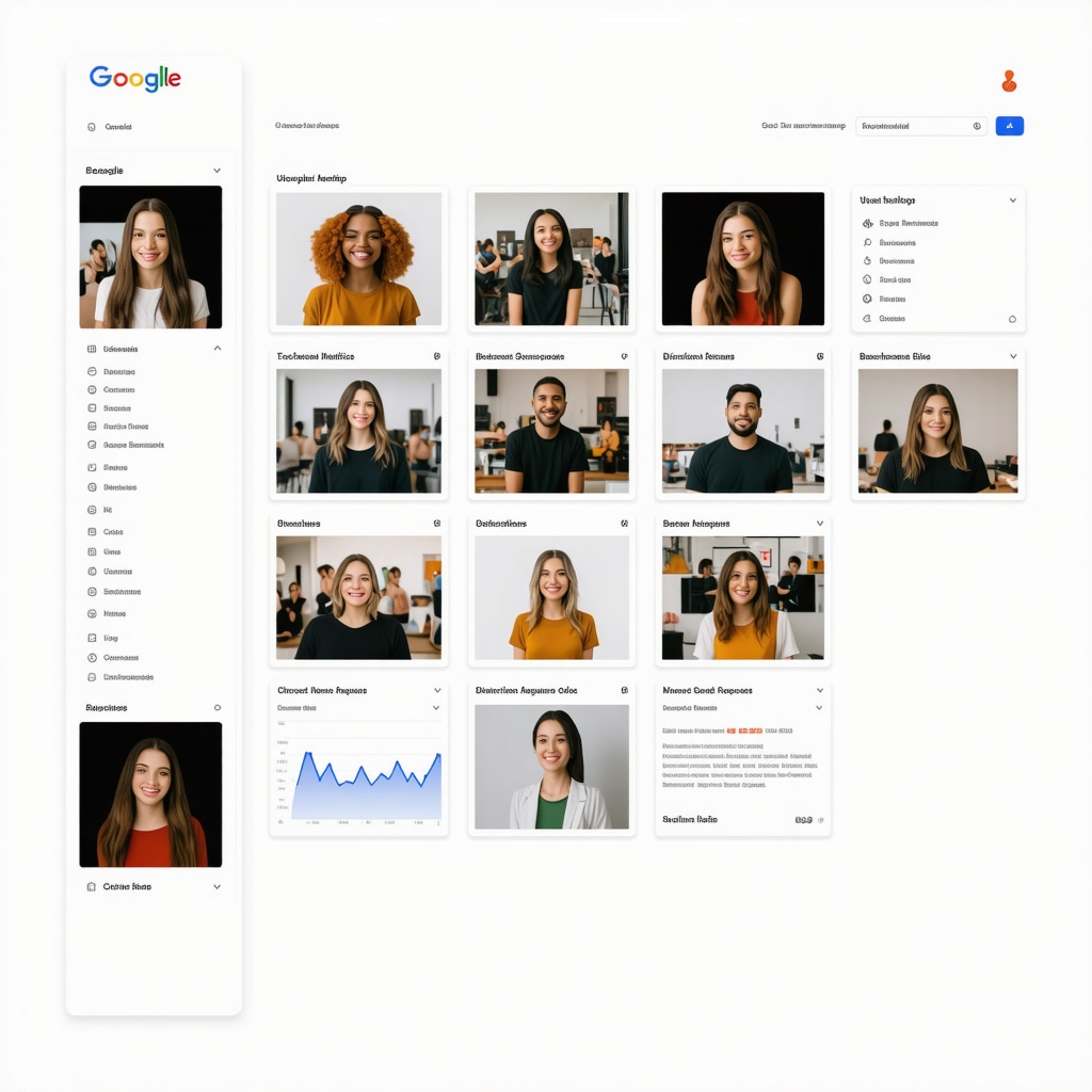 Google Business Profile dashboard displaying user photos, behavioral metrics, and schema markup code