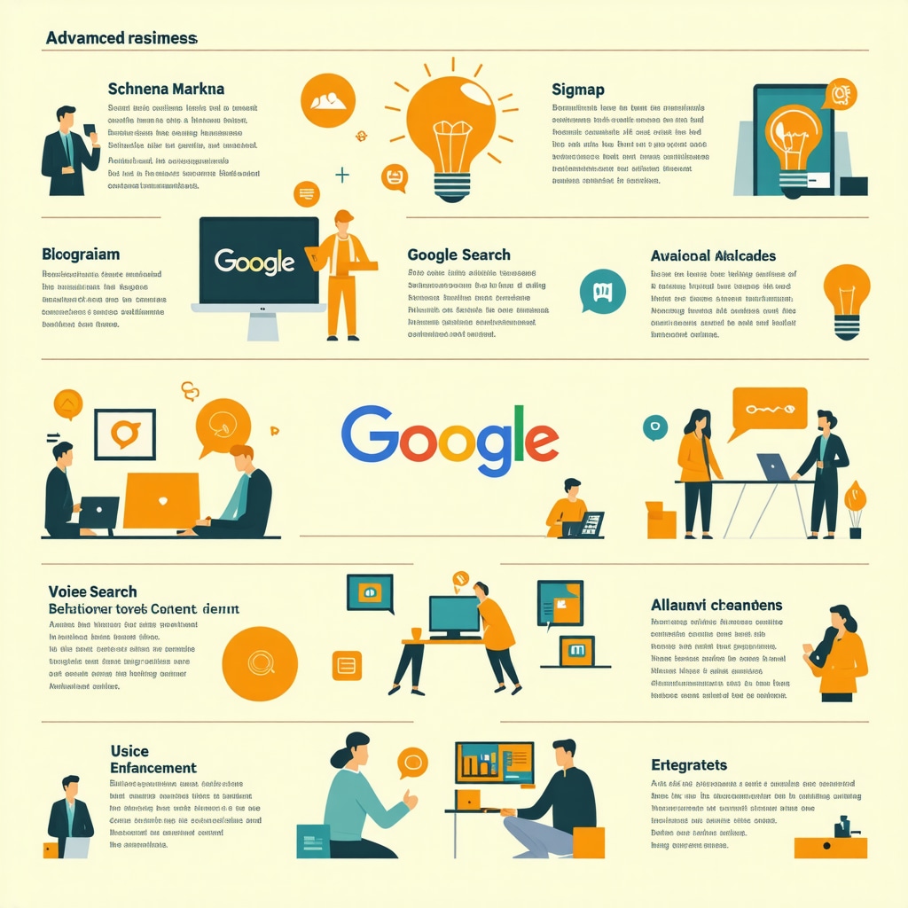 Infographic showing advanced Google Business SEO tactics such as schema markup and voice search optimization