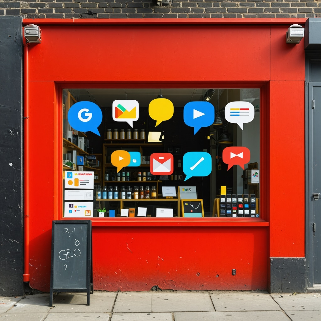 Illustration of a local business storefront with overlays showing Google Business Profile hyperlocal storytelling, messaging, and schema markup icons