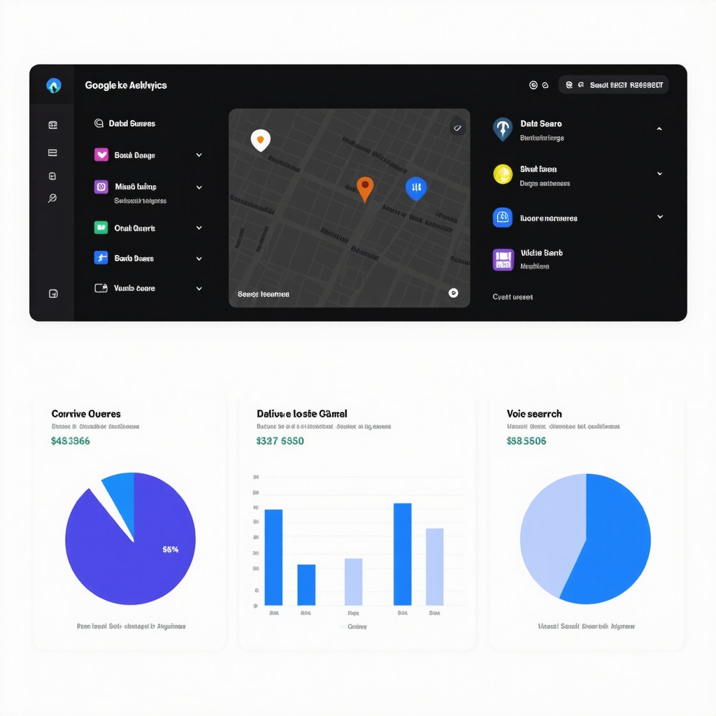 Screenshot showing Google Business Profile analytics with metrics for customer actions, search queries, and voice search optimization features