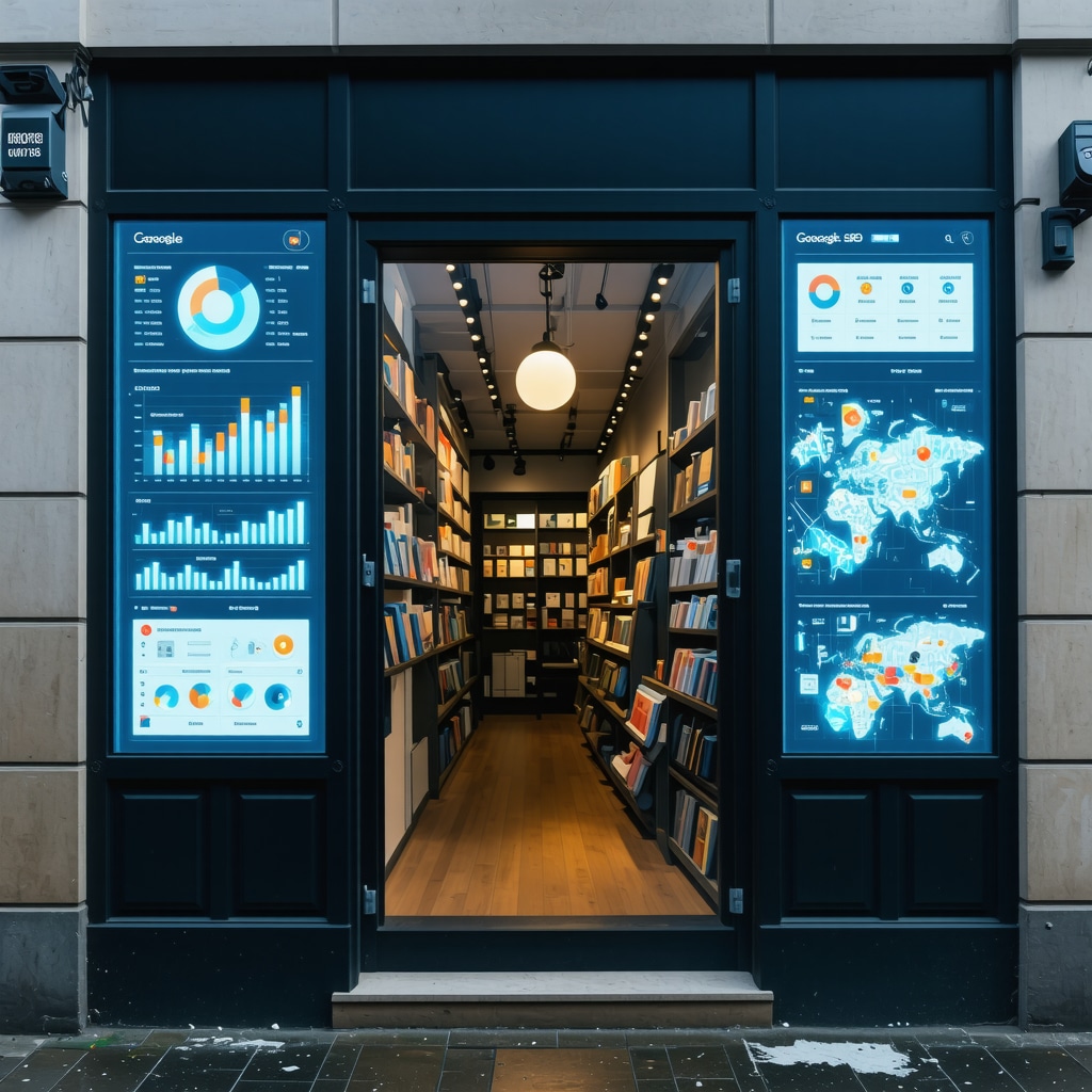 Futuristic local business storefront with AI analytics and Google Maps interface showing advanced SEO strategies
