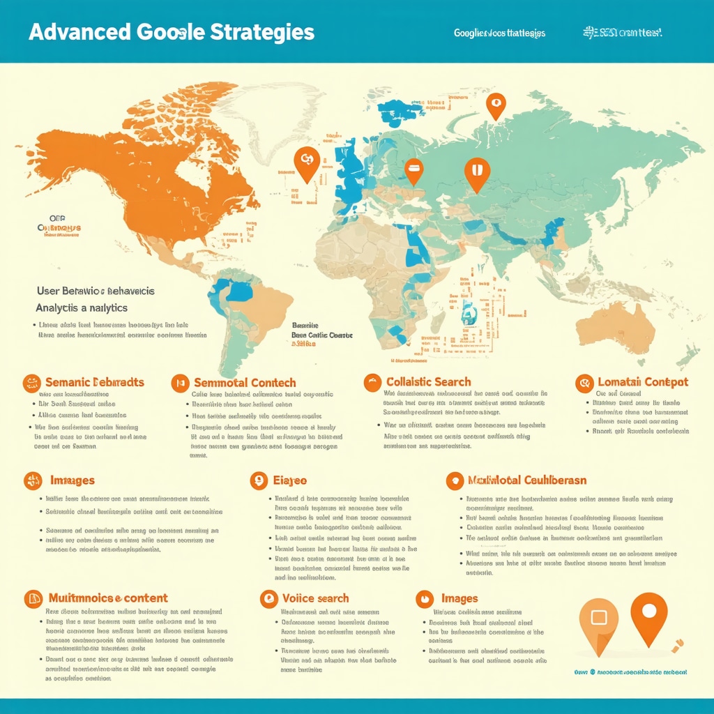 Infographic depicting user behavior data, semantic SEO, multimodal content optimization, and community partnerships for Google Maps SEO