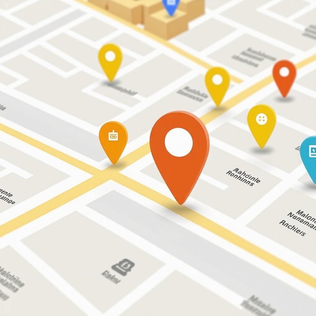 Digital map with business markers and AI data analytics icons illustrating advanced Google Maps SEO techniques