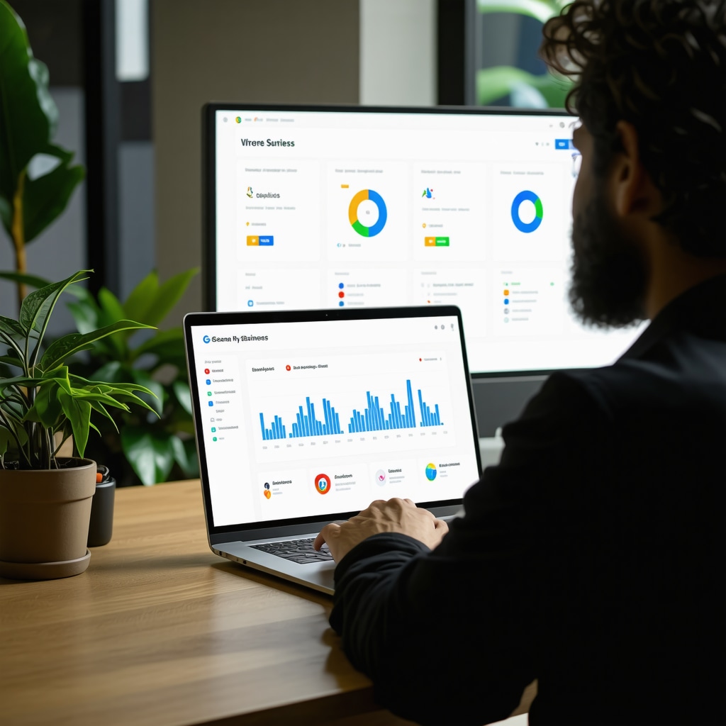 Local business owner managing Google My Business API with AI analytics and messaging interface on laptop