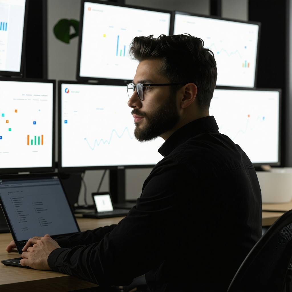 Digital marketer reviewing Google My Business content updates and local SEO optimization data on computer screens
