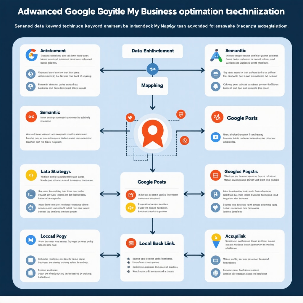 Infographic showing advanced strategies for Google My Business optimization including data enrichment, semantic keywords, Google Posts, and local backlinks