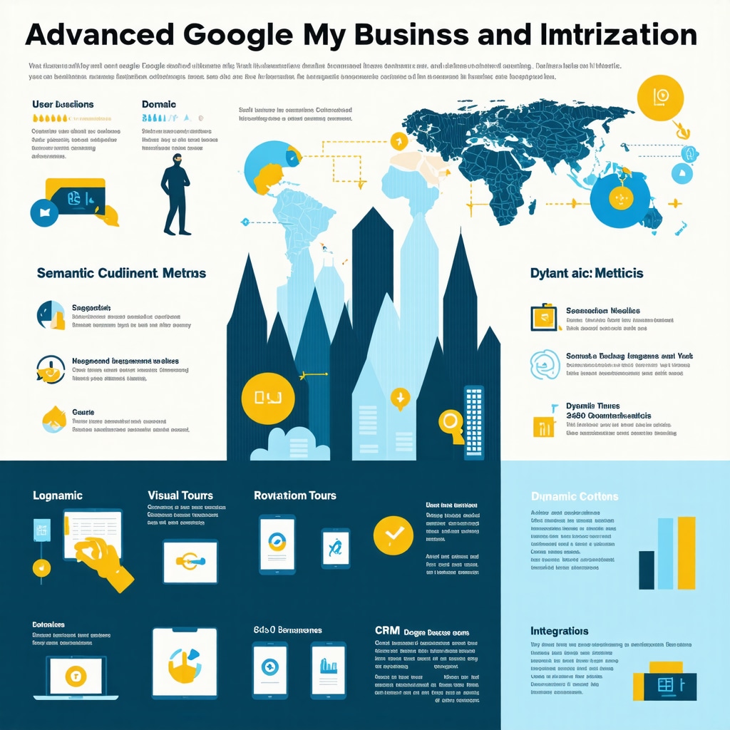 Infographic showing semantic SEO, user engagement metrics, dynamic visuals, and CRM integration for GMB optimization