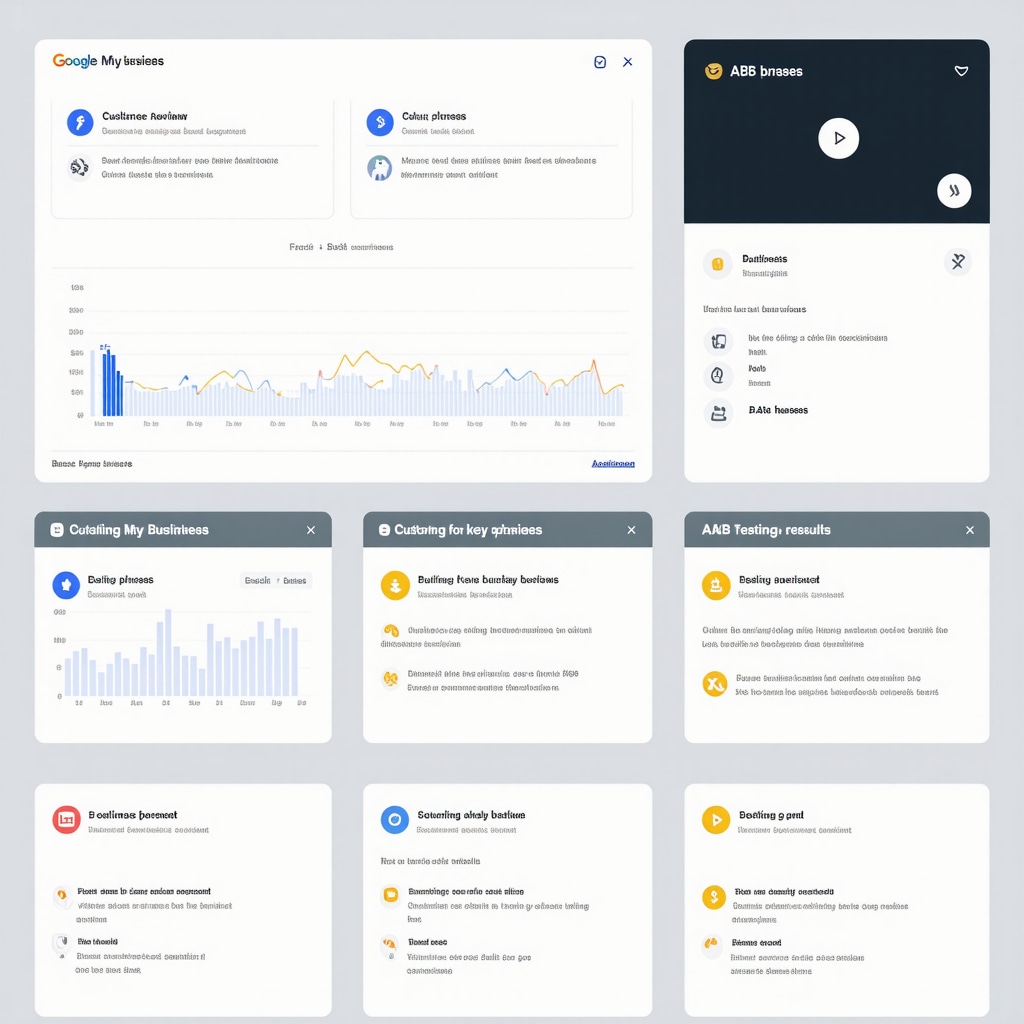 Infographic depicting GMB dashboard analytics, customer review analysis, and A/B testing for business descriptions