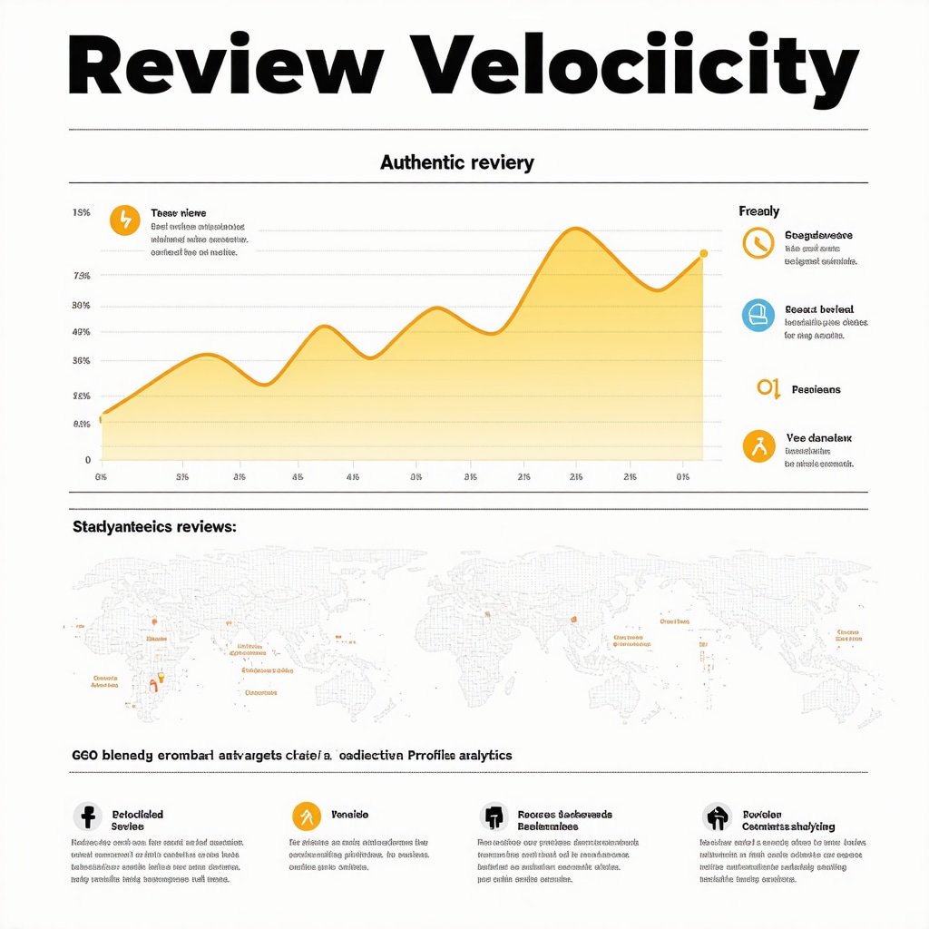 Graph showing steady review velocity, geo-targeted map highlights, verified reviewer icons, and predictive analytics visuals