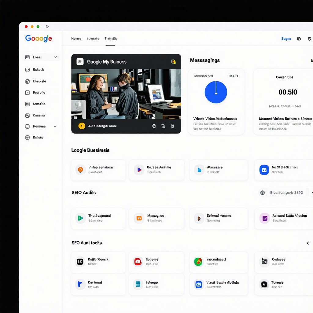 Digital dashboard showing GMB analytics for messaging, video content, and SEO audits