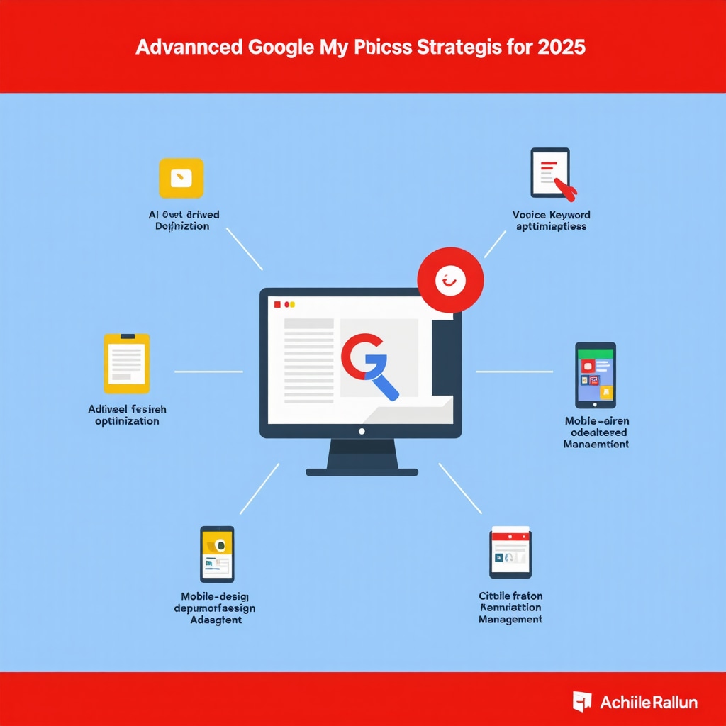 Infographic showing AI, voice search, mobile optimization, and citation management techniques for Google My Business SEO