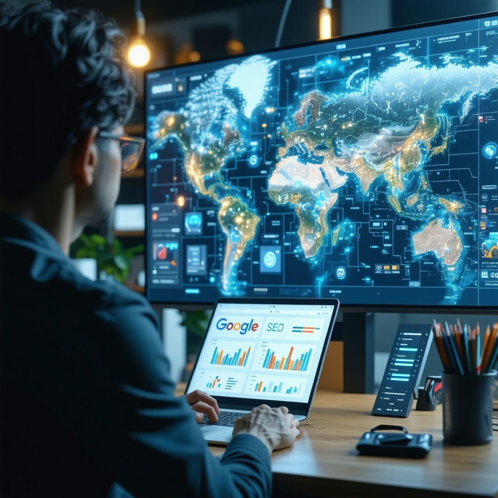 Futuristic local SEO analytics dashboard showing AI and machine learning data for Google Maps optimization