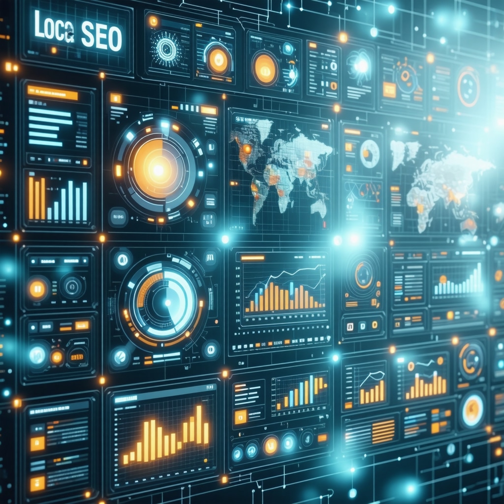 Digital dashboard showing real-time local SEO analytics, behavioral data, AI automation, and structured data schemas for expert local SEO optimization