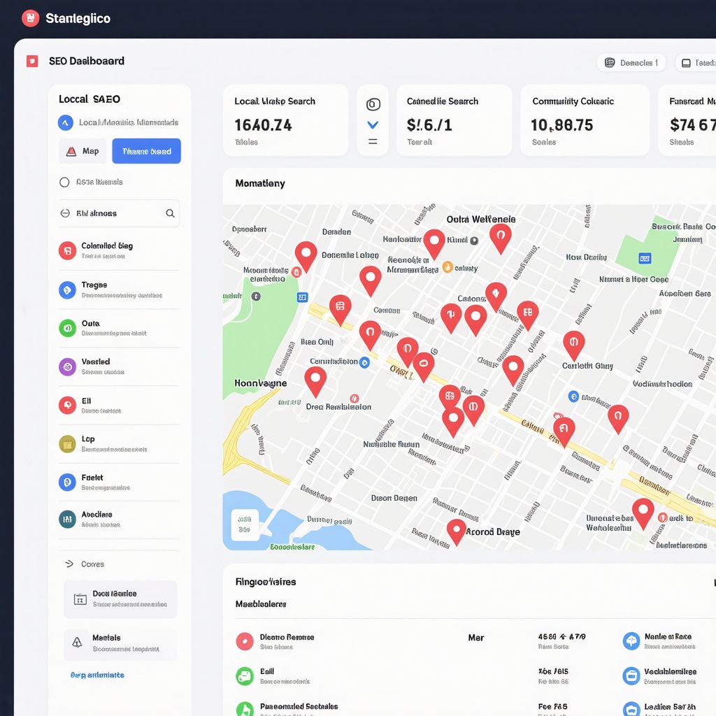 Digital dashboard illustrating local SEO metrics, maps, and community interaction data