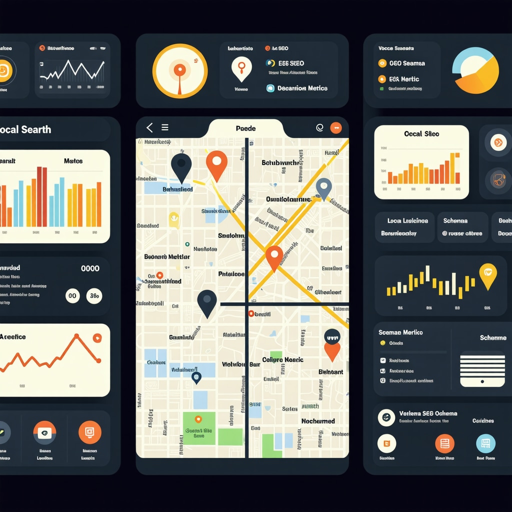 Digital dashboard showing local SEO behavioral analytics, schema markup symbols, and voice search data for a local business