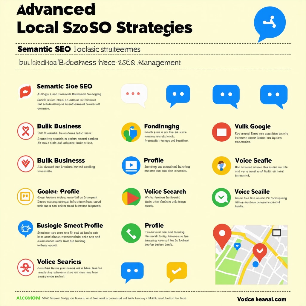 Infographic showing semantic SEO, bulk GBP management, and voice search optimization techniques for local businesses