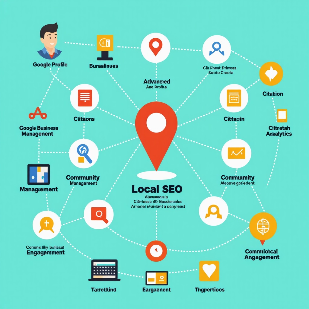 Infographic illustrating advanced local SEO elements such as Google Business Profile optimization, citation management, and hyperlocal SEO with analytics