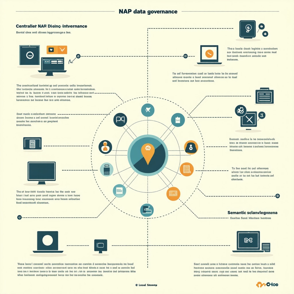 Infographic illustrating centralized NAP data systems, API integration, and semantic markup for local SEO