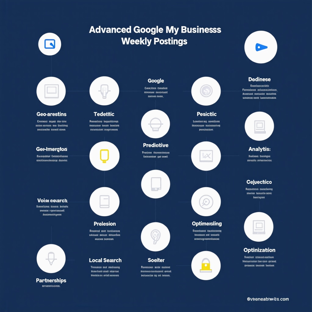 Infographic showing advanced Google My Business weekly posting strategies with icons for geo-targeting, predictive analytics, voice search, and partnerships.