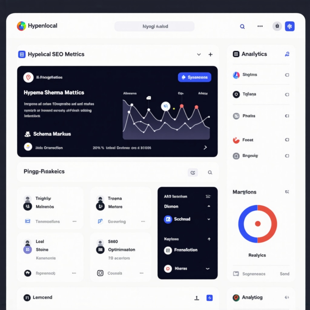 Digital dashboard with AI analytics and schema markup data visualizations for local SEO