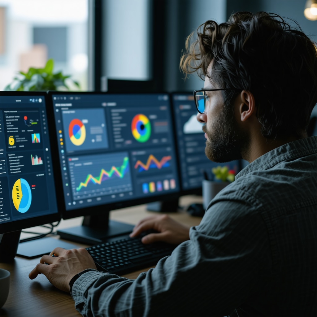 Digital specialist reviewing behavioral analytics and local SEO strategies on computer screens
