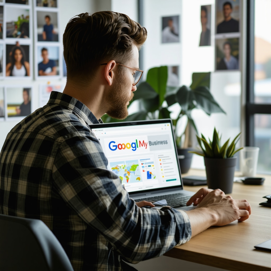 Small business owner reviewing GMB insights and visual SEO data on laptop