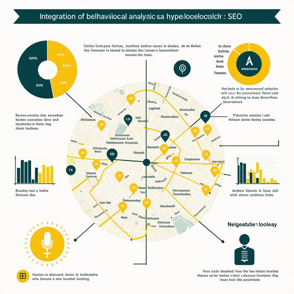 An infographic illustrating how behavioral analytics integrates with hyperlocal SEO, including data charts and neighborhood maps.