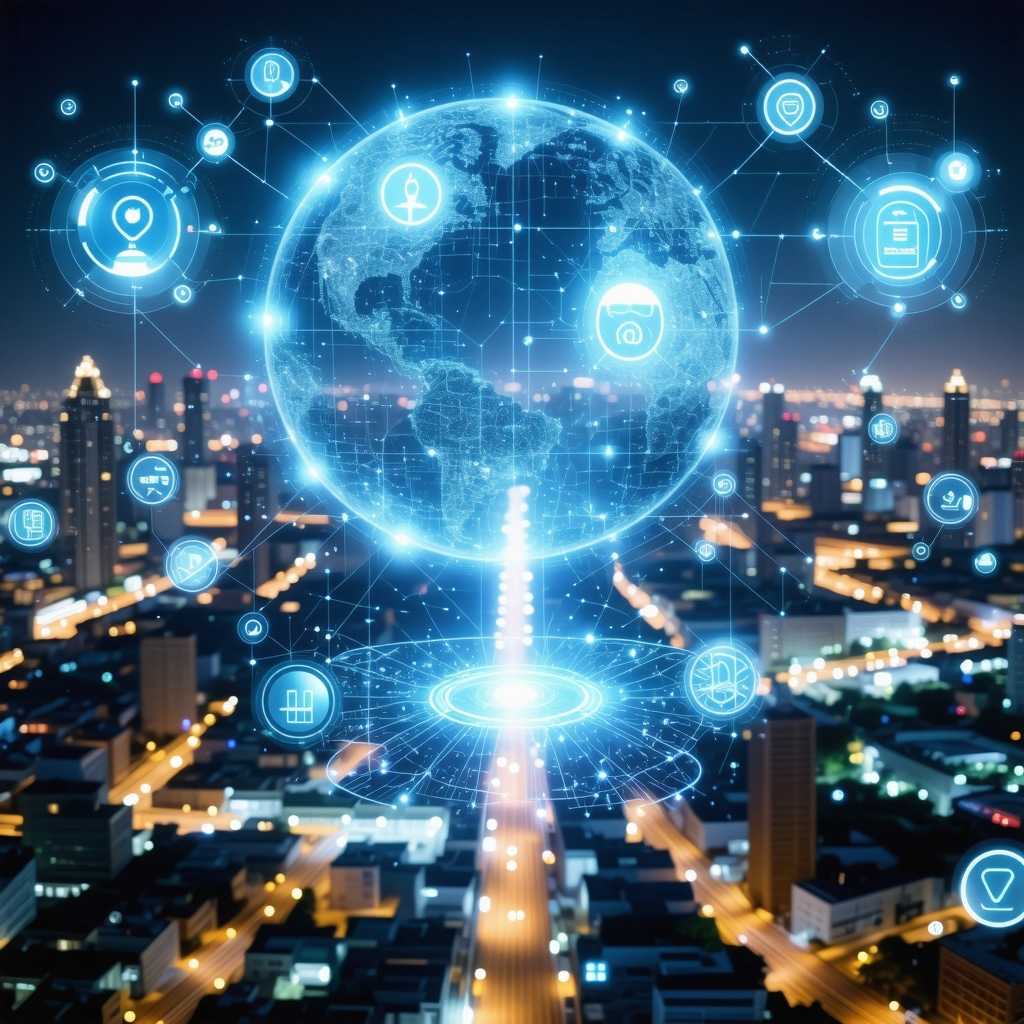 Illustration of blockchain network securing local business listings with AI analytics