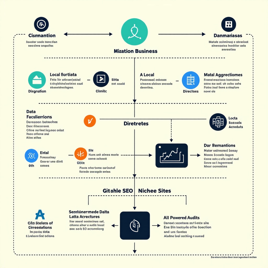 Diagram showing citation syndication flow, semantic SEO elements, and AI audit tools enhancing Google My Business visibility