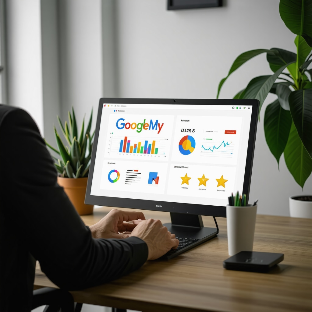 Professional reviewing Google My Business analytics dashboard with charts and customer reviews
