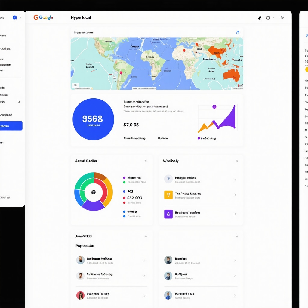 Dashboard with charts and heatmaps illustrating hyperlocal SEO performance metrics and local user engagement