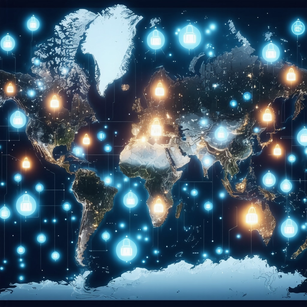 Dynamic digital map showing hyperlocal AI data and blockchain icons representing secure local SEO management
