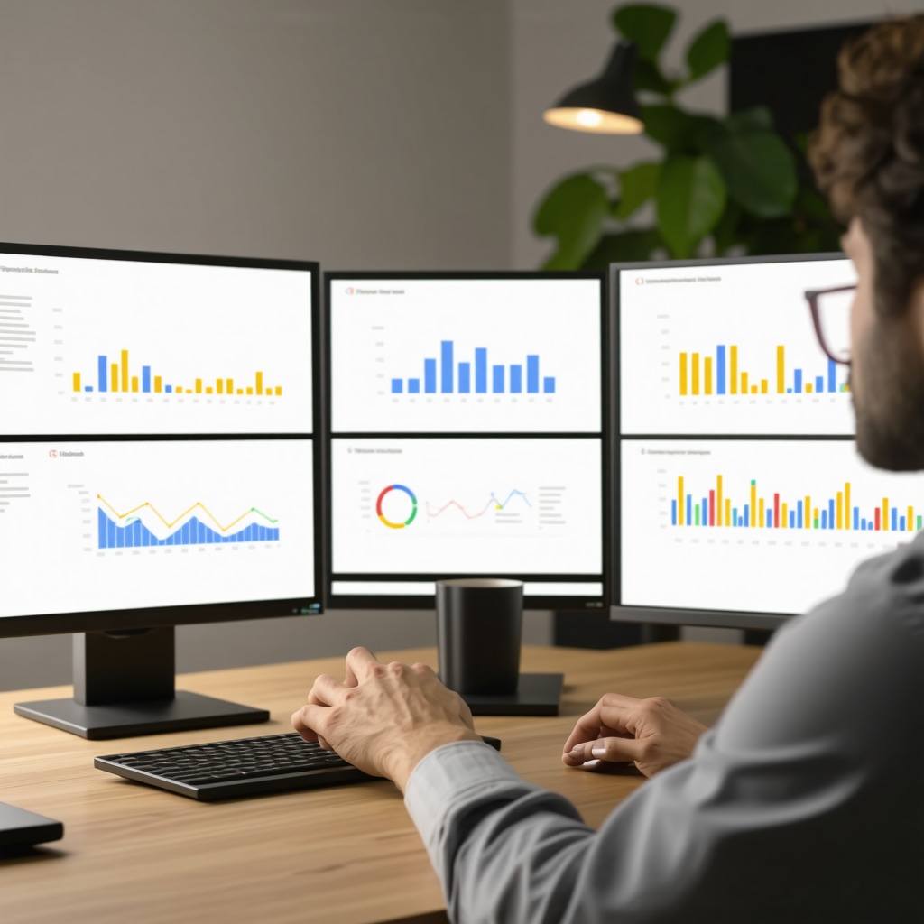 Team analyzing GMB SEO data with charts and local ranking metrics on screens
