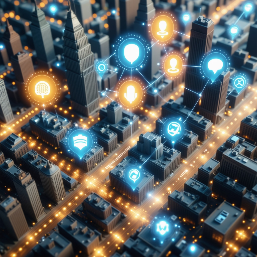 Digital interface depicting AI analytics, voice search, and augmented reality overlays for local SEO