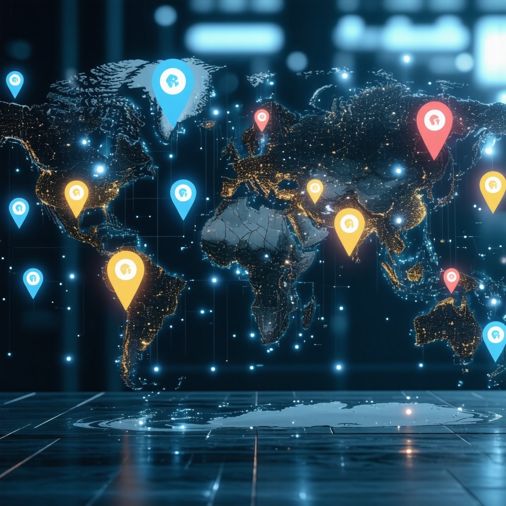 Dashboard showing AI analytics and blockchain icons with local business map pins for advanced SEO