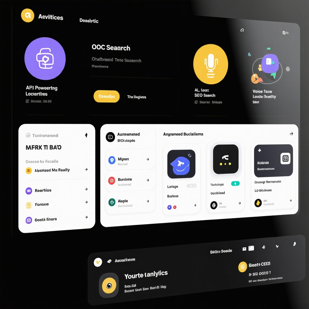 Digital dashboard showing AI analytics, voice search optimization, and augmented reality features for Google Business SEO