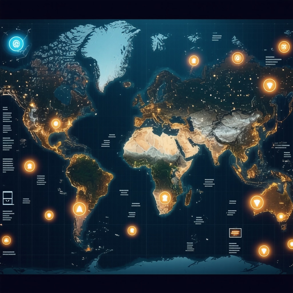 Digital map showing hyperlocal neighborhoods with AI analytics overlays and mobile icons representing advanced SEO strategies