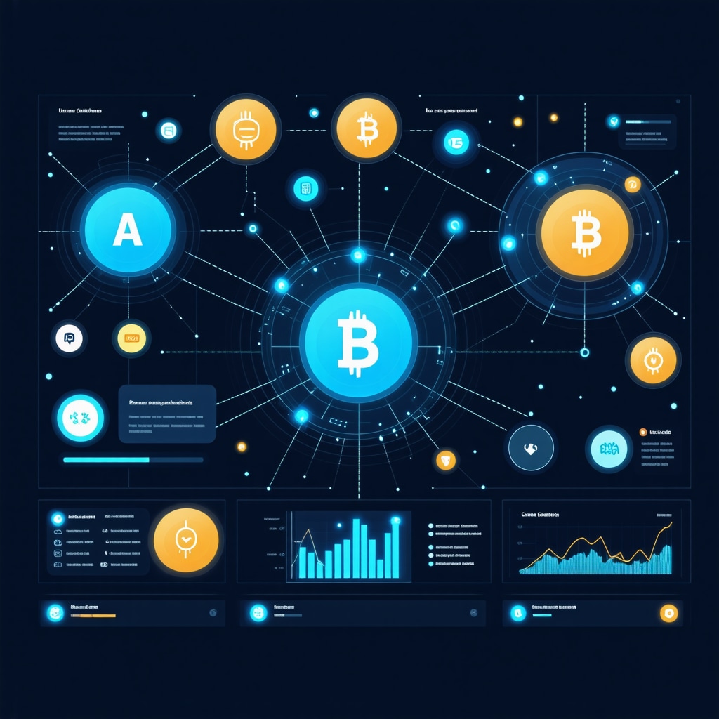 Digital dashboard with AI, blockchain icons, voice search waves, and user-generated content analytics for advanced NAP citation management