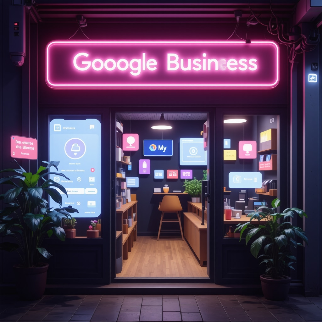 Small business storefront with digital AI analytics and interactive Google My Business interface