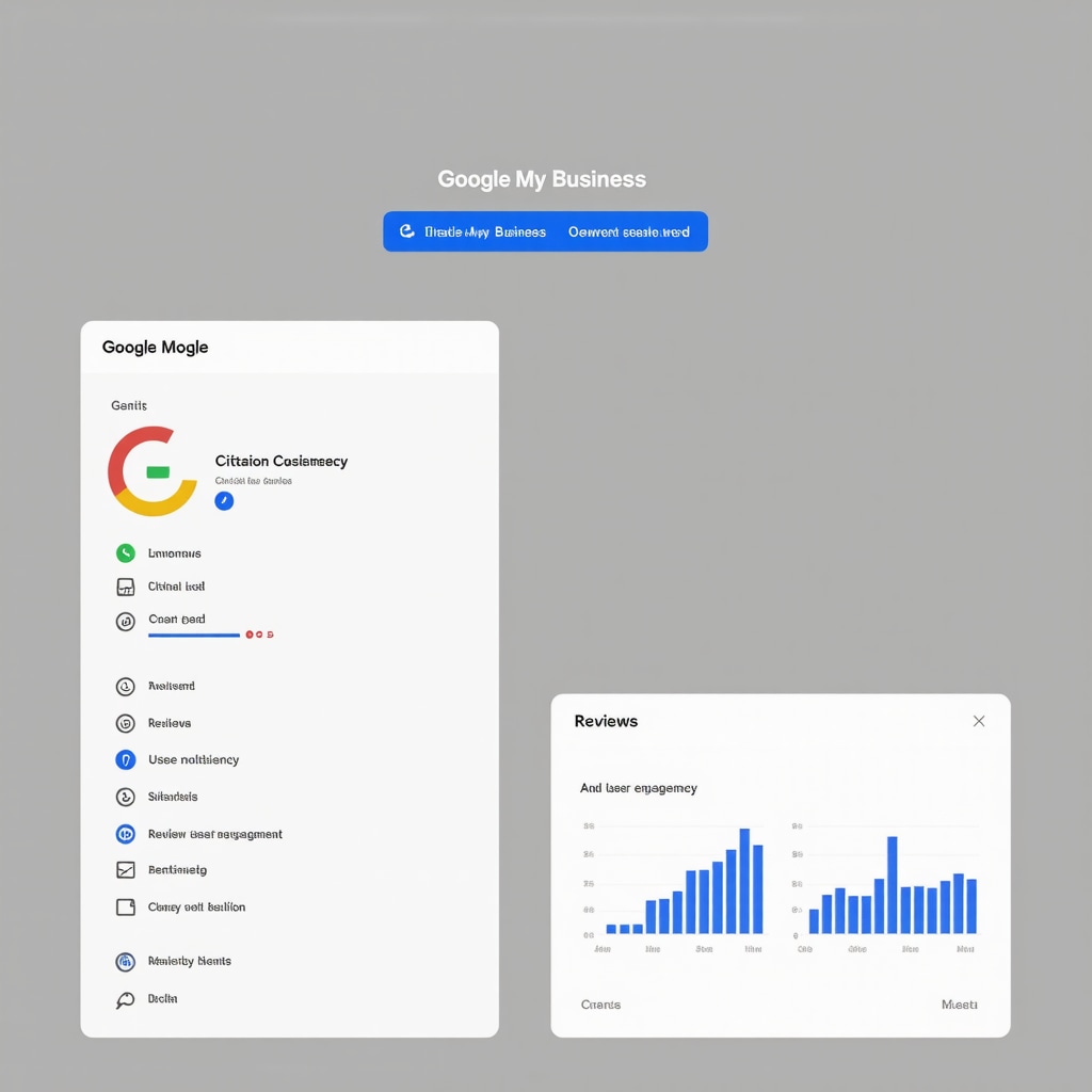 Data visualization dashboard showing metrics from Google My Business audit including citations, user engagement, and sentiment analysis