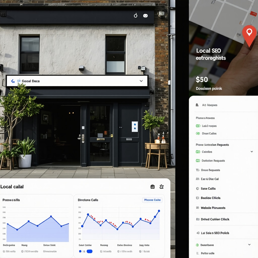 Dashboard with Google Business Profile analytics graphs alongside local SEO map icons and a storefront image