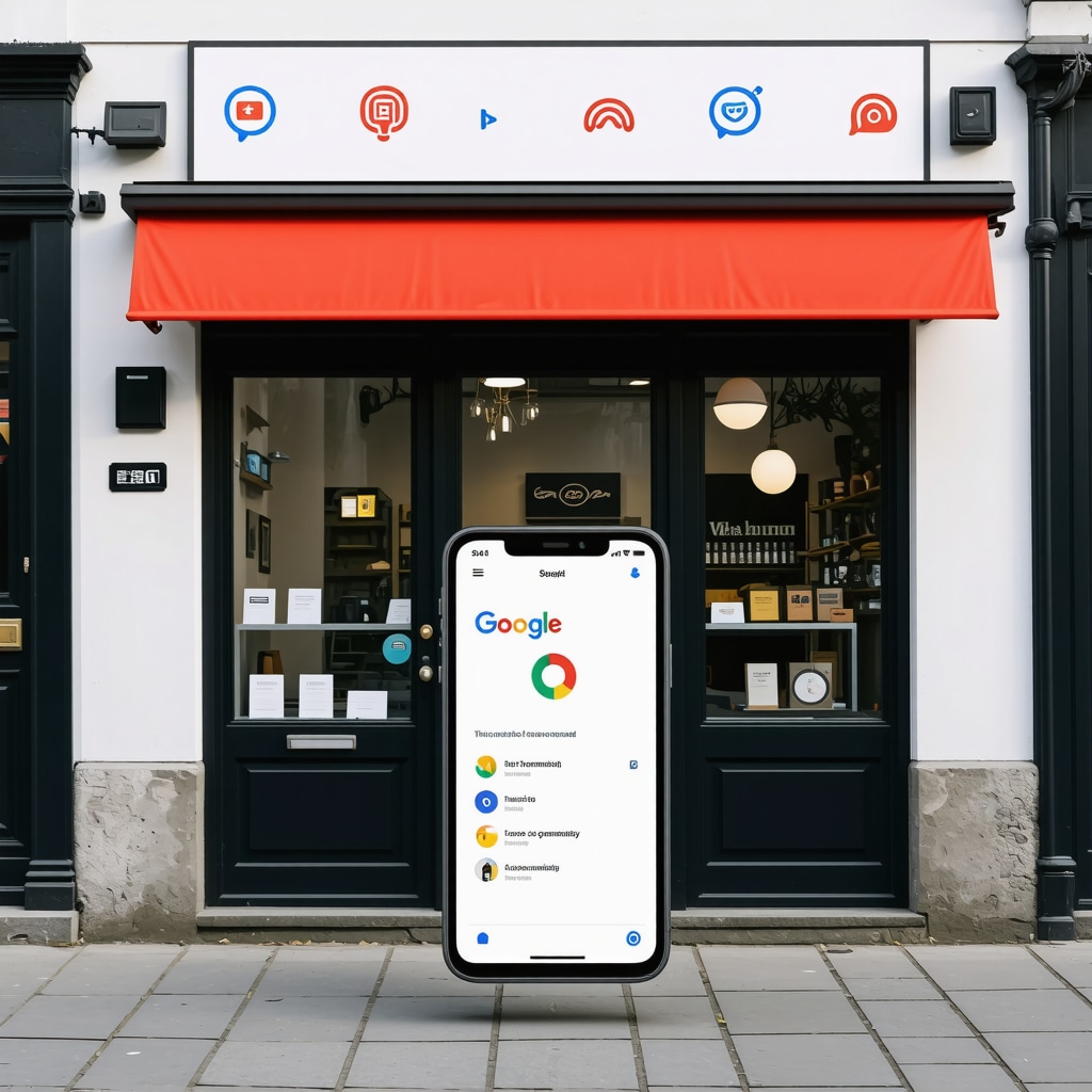 Smartphone showing a Google Business Profile with voice search and rich media icons surrounding it