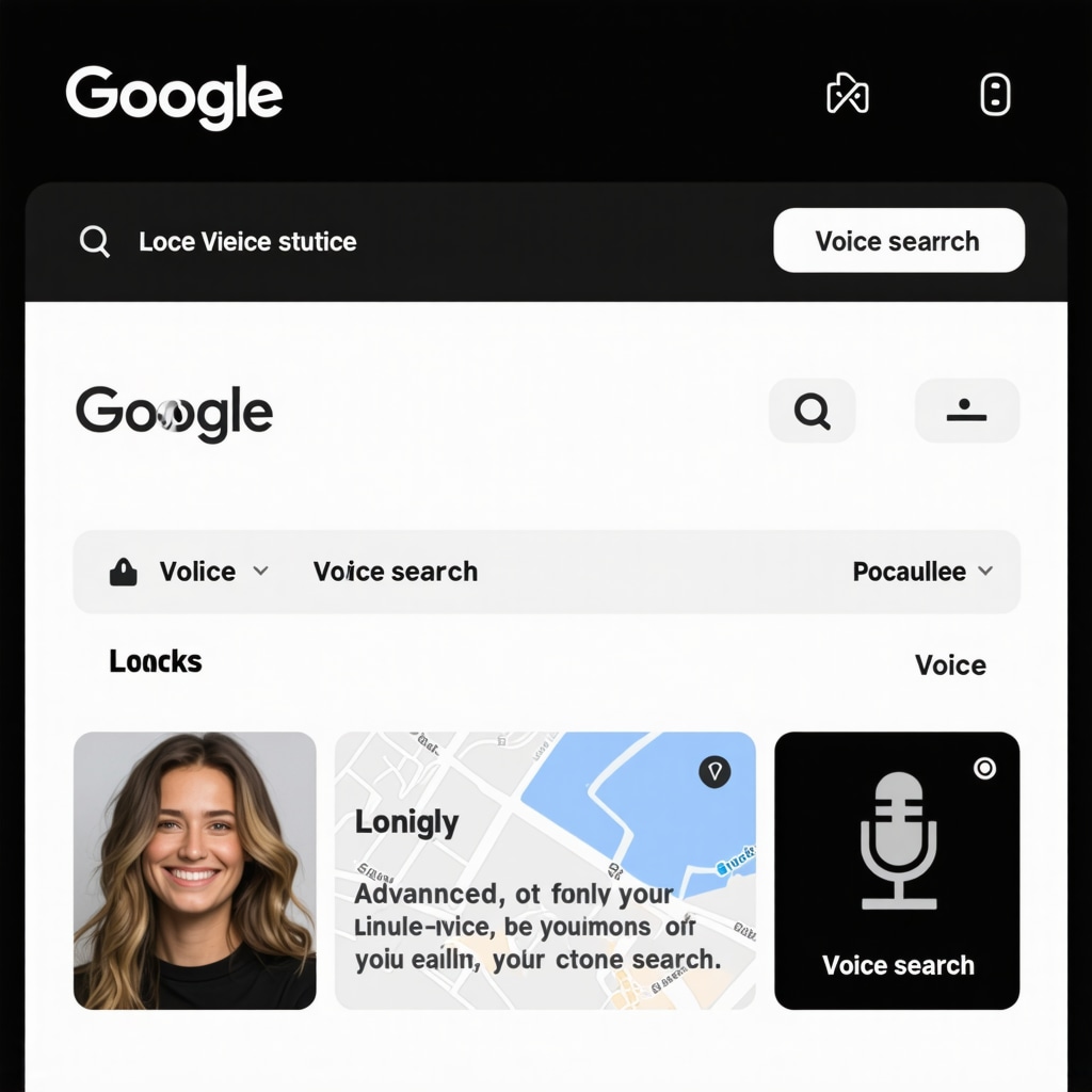Google Business profile interface highlighting long-tail keywords and voice search optimization icons