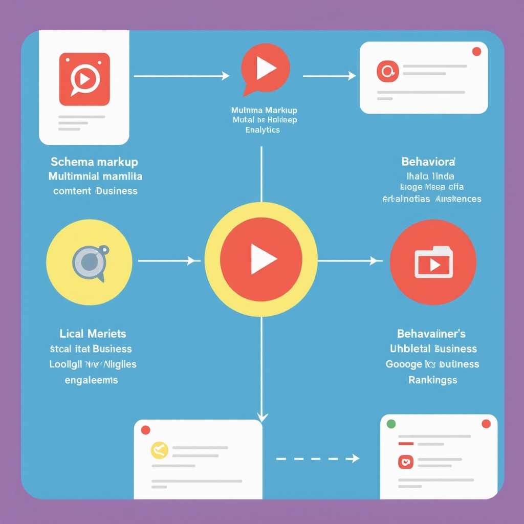 Infographic showing schema markup, multimedia content, and behavioral analytics boosting local SEO on Google My Business
