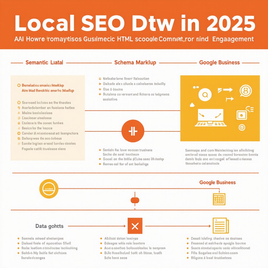 Diagram showing AI analytics, semantic HTML, schema markup, and engagement tools optimizing a Google Business Profile for local SEO