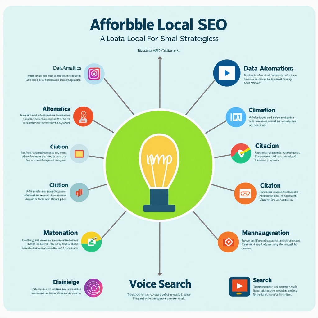 Infographic illustrating data-driven analytics, AI integration, citation management, and voice search optimization techniques for local SEO