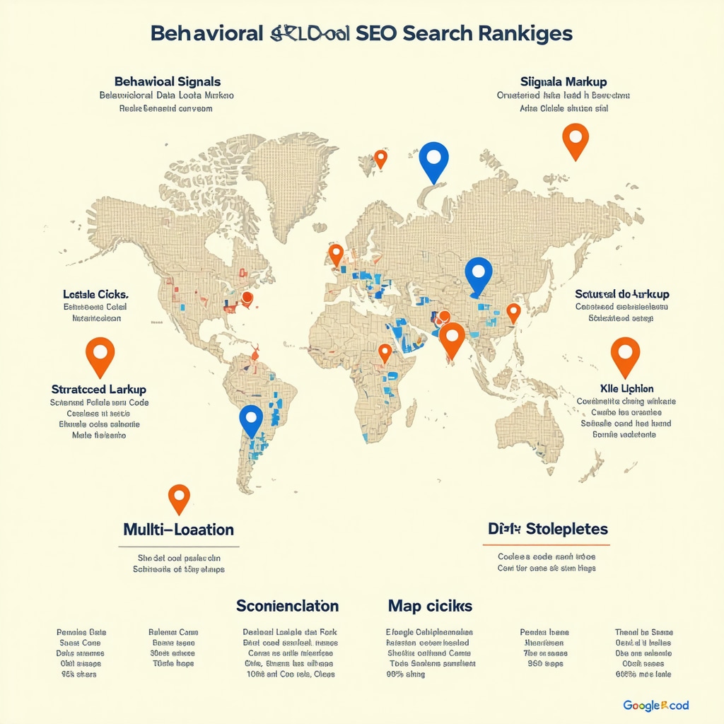 Infographic showing behavioral signals, structured data, and multi-location strategies impacting Google Maps SEO